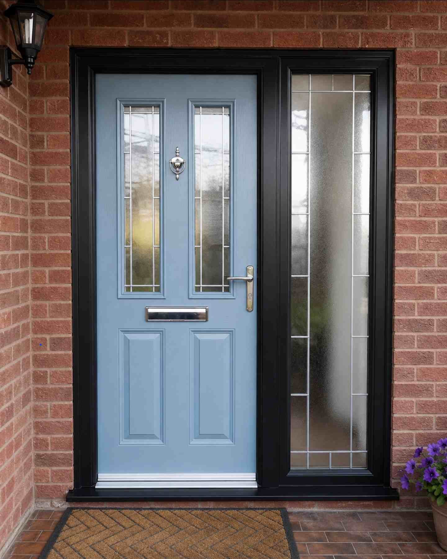 Composite front door resprayed in a fresh duck-egg blue with a crisp black frame